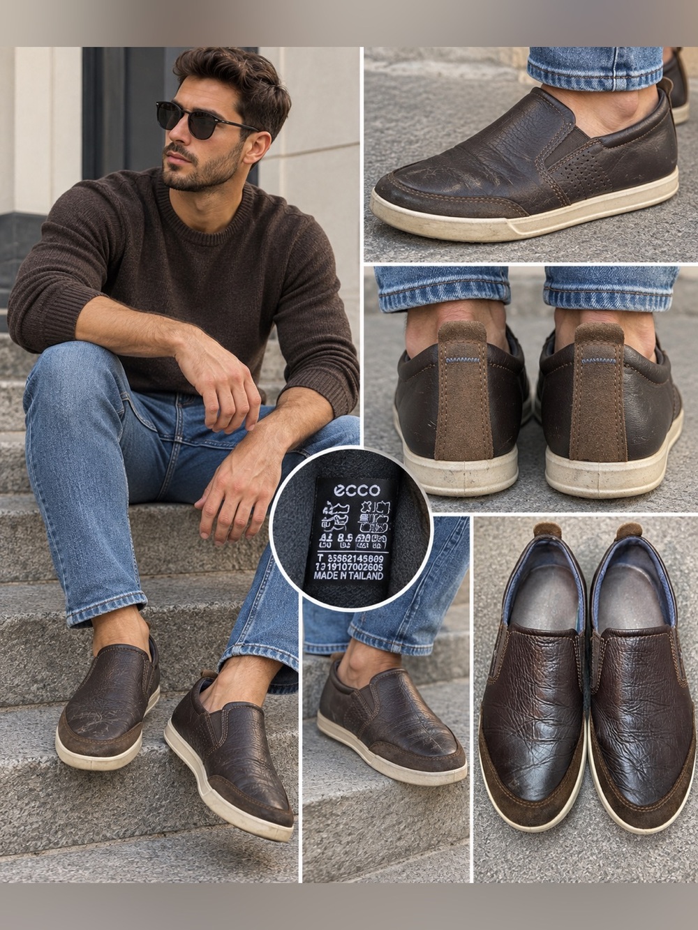 ECCO Men’s Brown Leather Suede Slip On Casual Shoes EU 42 US 8 Comfort